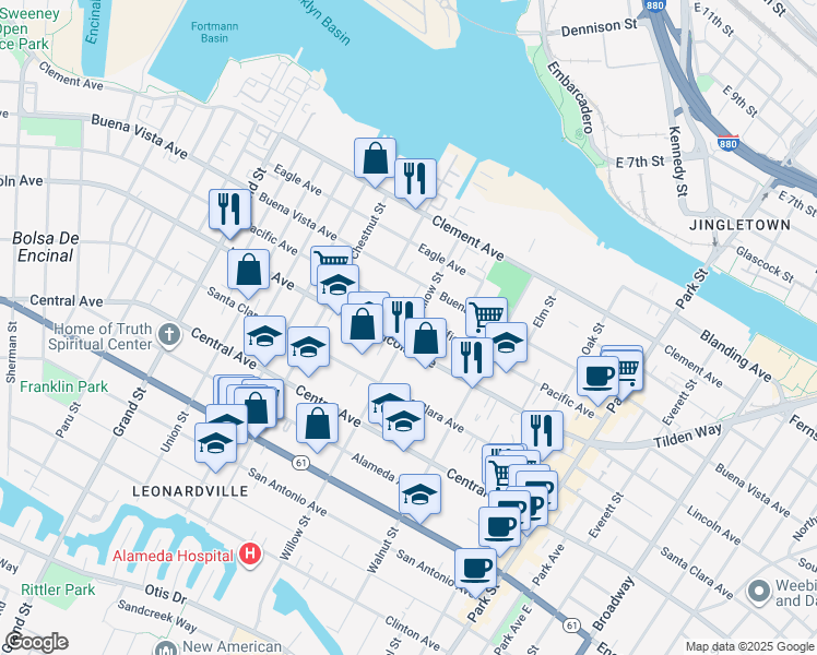 map of restaurants, bars, coffee shops, grocery stores, and more near 2104 Lincoln Avenue in Alameda