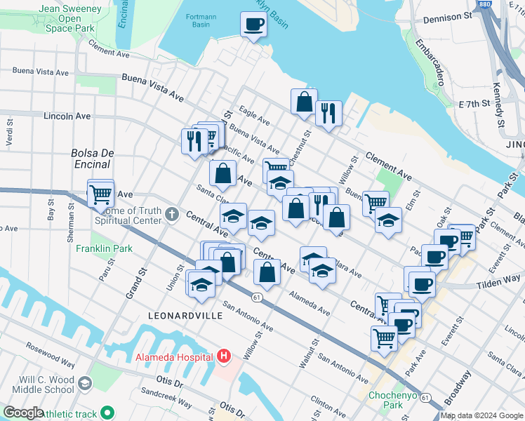 map of restaurants, bars, coffee shops, grocery stores, and more near 1516 Chestnut Street in Alameda