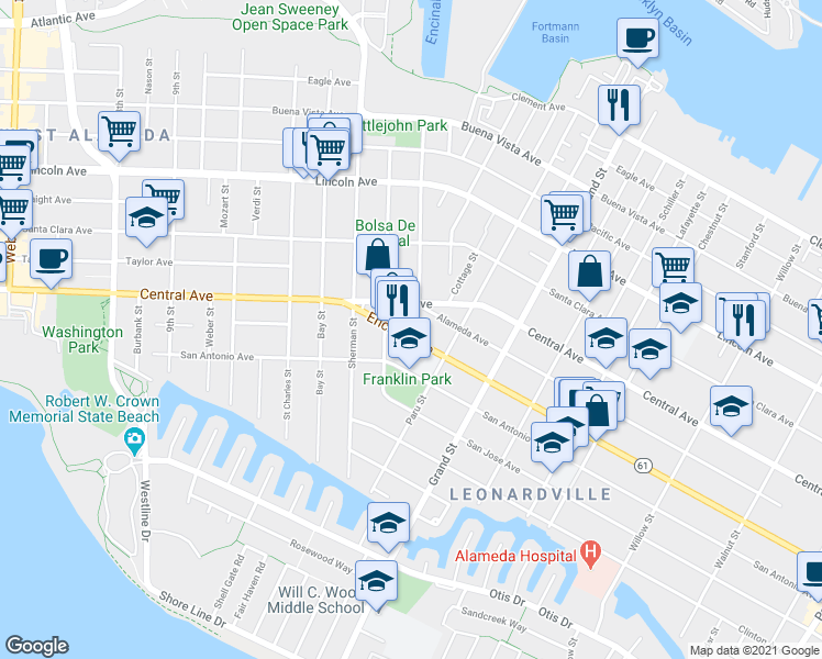 map of restaurants, bars, coffee shops, grocery stores, and more near 1519 Encinal Avenue in Alameda
