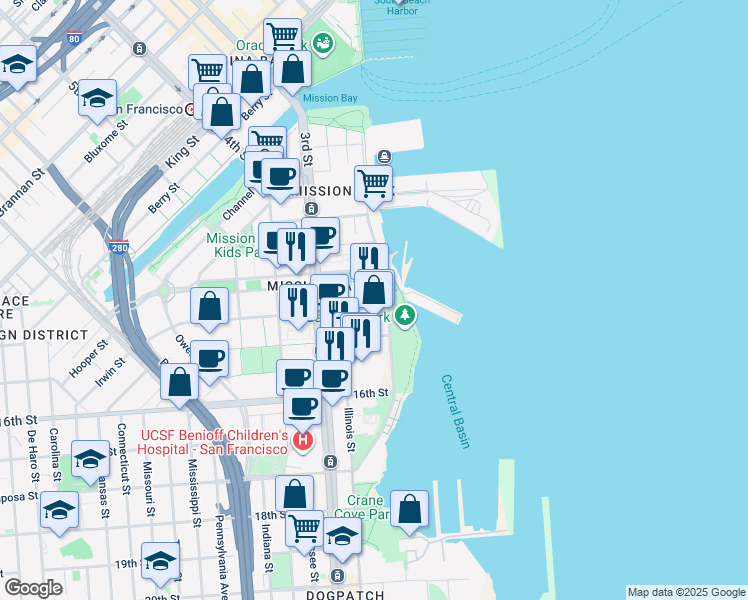 map of restaurants, bars, coffee shops, grocery stores, and more near 500 Terry A Francois Boulevard in San Francisco