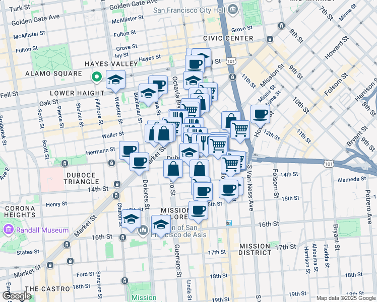 map of restaurants, bars, coffee shops, grocery stores, and more near in San Francisco