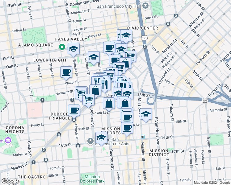 map of restaurants, bars, coffee shops, grocery stores, and more near in San Francisco