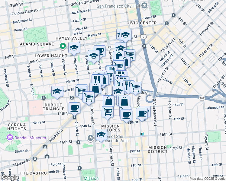 map of restaurants, bars, coffee shops, grocery stores, and more near in San Francisco