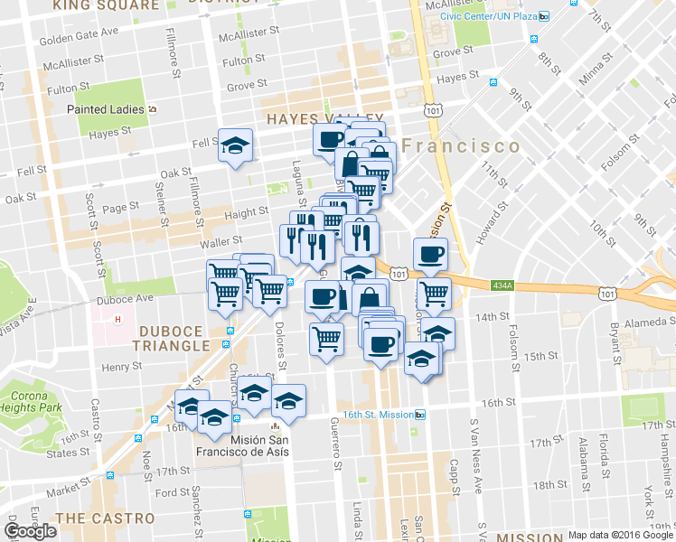 map of restaurants, bars, coffee shops, grocery stores, and more near in San Francisco