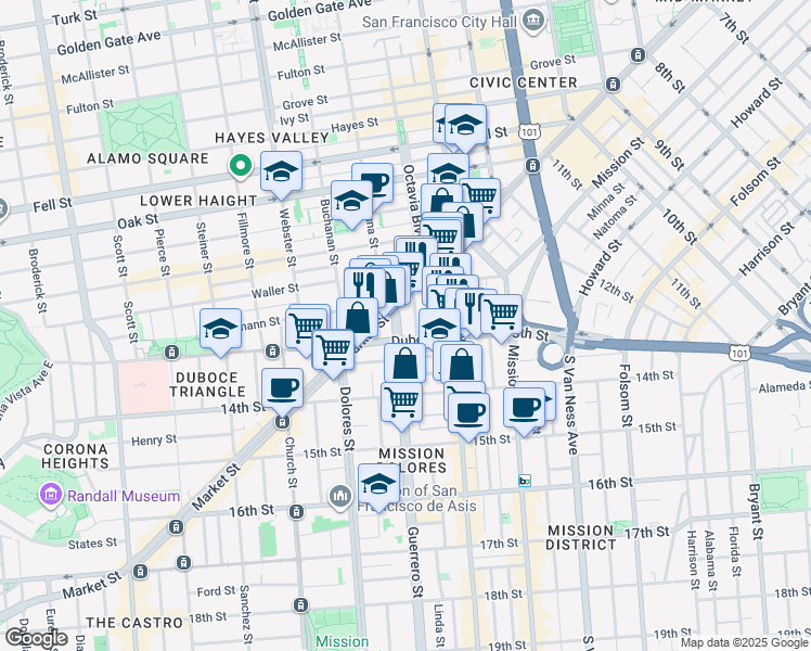 map of restaurants, bars, coffee shops, grocery stores, and more near in San Francisco