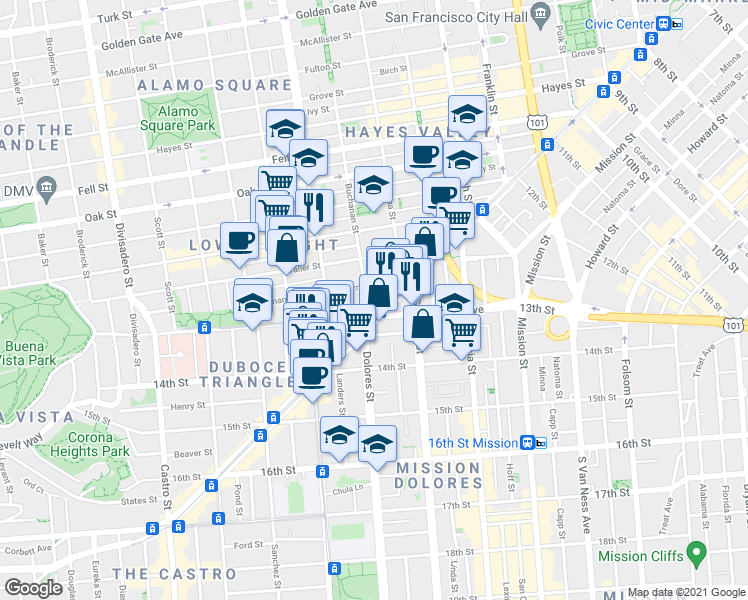 map of restaurants, bars, coffee shops, grocery stores, and more near 1 Buchanan Street in San Francisco