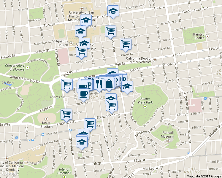 map of restaurants, bars, coffee shops, grocery stores, and more near 1465 Haight Street in San Francisco