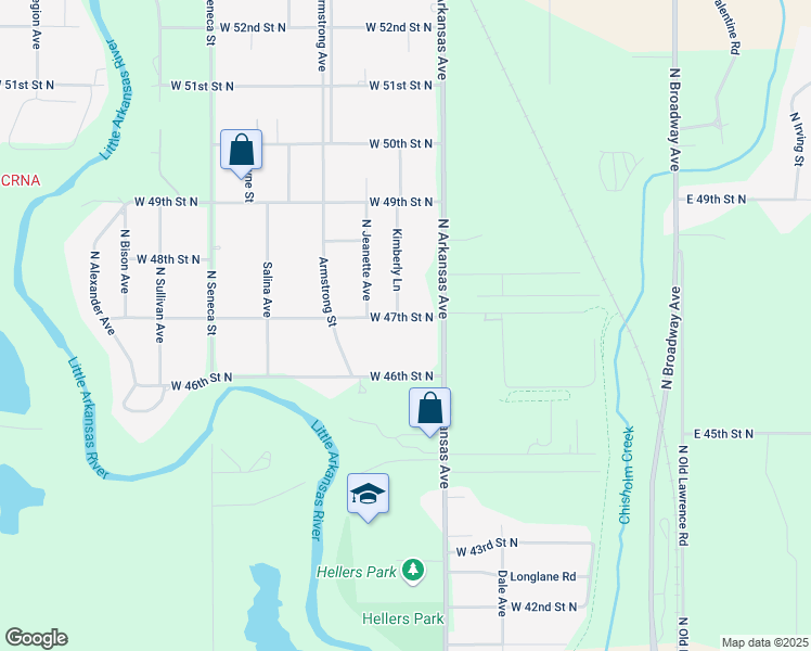 map of restaurants, bars, coffee shops, grocery stores, and more near 749 West 47th Street North in Wichita