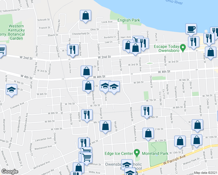 map of restaurants, bars, coffee shops, grocery stores, and more near 1700 West 5th Street in Owensboro