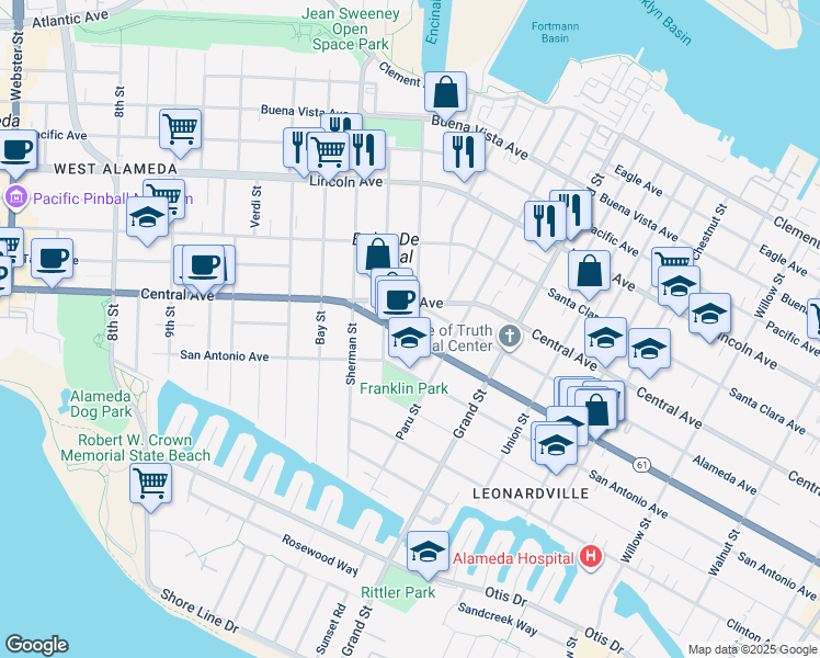 map of restaurants, bars, coffee shops, grocery stores, and more near 1501 Encinal Avenue in Alameda