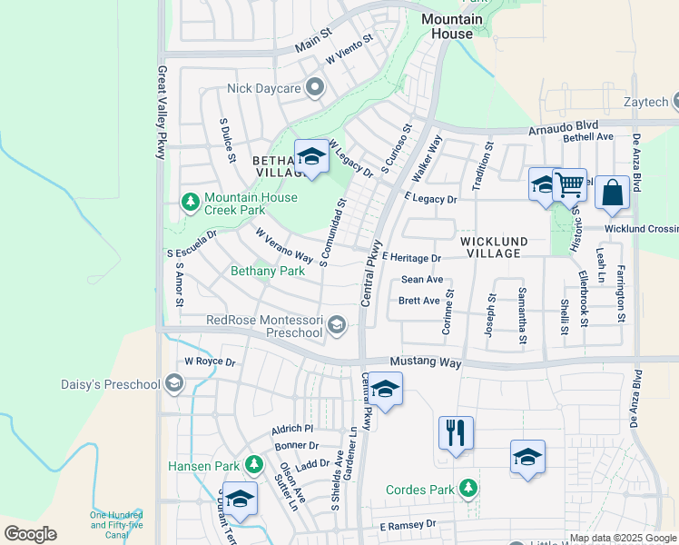 map of restaurants, bars, coffee shops, grocery stores, and more near 124 West Verano Court in Tracy