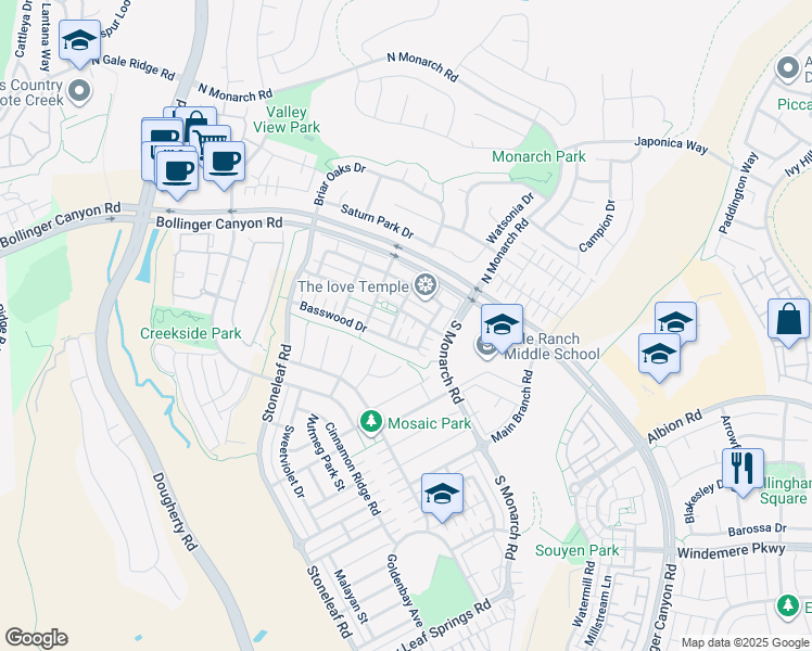 map of restaurants, bars, coffee shops, grocery stores, and more near 2745 Mountain Ash Lane in San Ramon