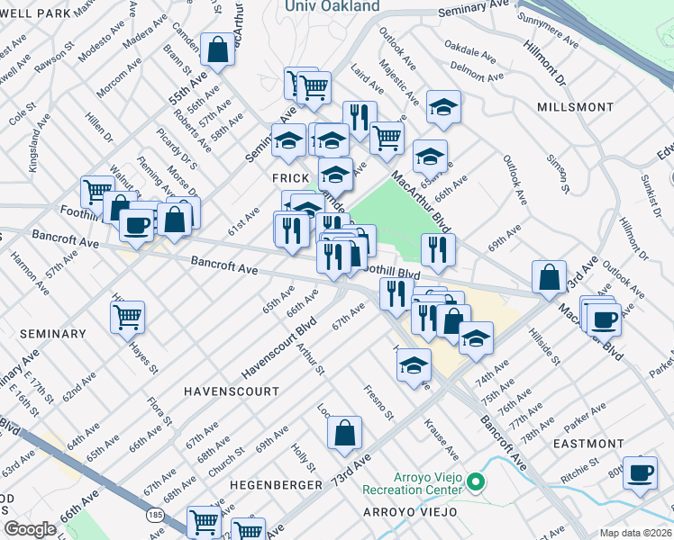 map of restaurants, bars, coffee shops, grocery stores, and more near 6537 Foothill Boulevard in Oakland