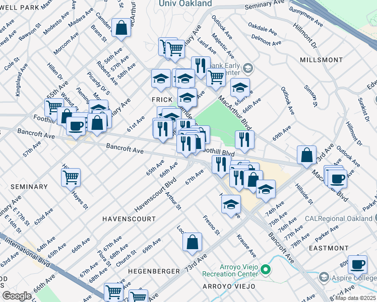 map of restaurants, bars, coffee shops, grocery stores, and more near 6626 Bancroft Avenue in Oakland