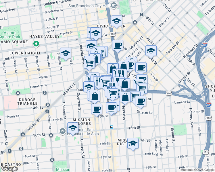 map of restaurants, bars, coffee shops, grocery stores, and more near Mission St & Duboce Ave in San Francisco