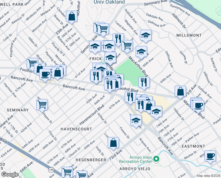 map of restaurants, bars, coffee shops, grocery stores, and more near 6537 Foothill Boulevard in Oakland