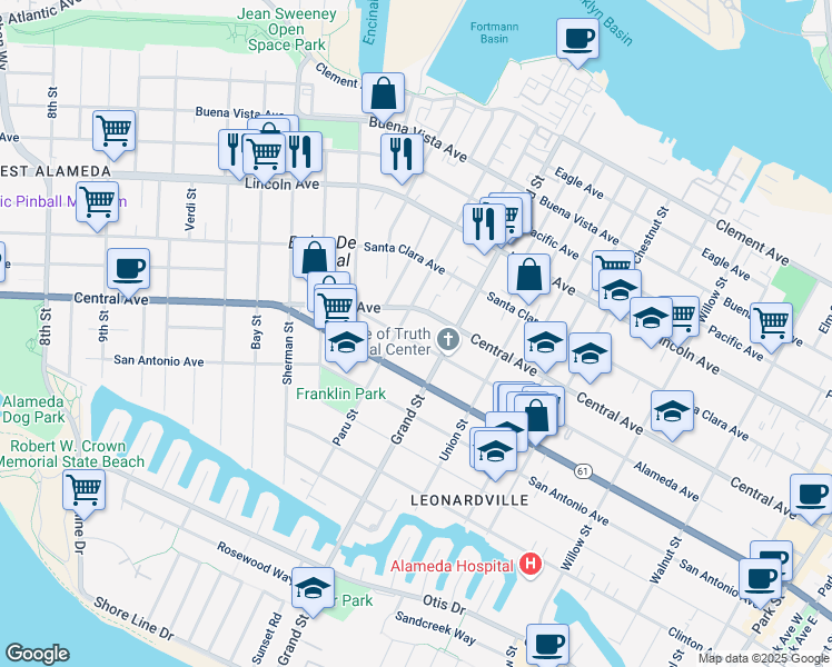 map of restaurants, bars, coffee shops, grocery stores, and more near 1613 Alameda Avenue in Alameda