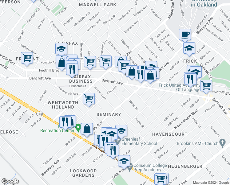 map of restaurants, bars, coffee shops, grocery stores, and more near 5720 Elizabeth Street in Oakland