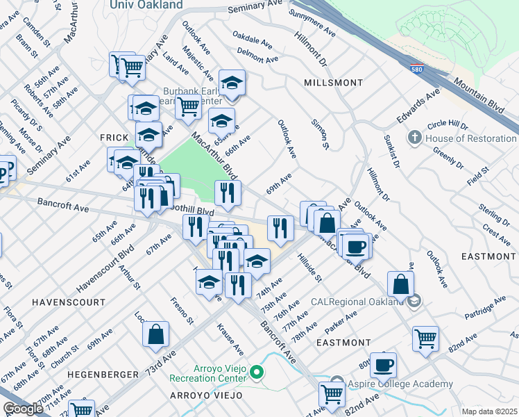 map of restaurants, bars, coffee shops, grocery stores, and more near 2830 69th Avenue in Oakland