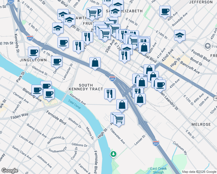 map of restaurants, bars, coffee shops, grocery stores, and more near 35 in Oakland