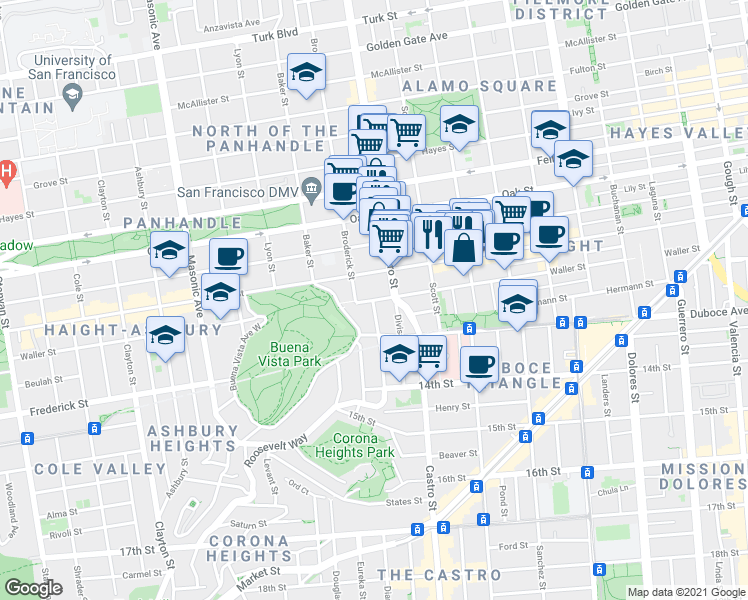 map of restaurants, bars, coffee shops, grocery stores, and more near Waller St & Alpine Terrace in San Francisco