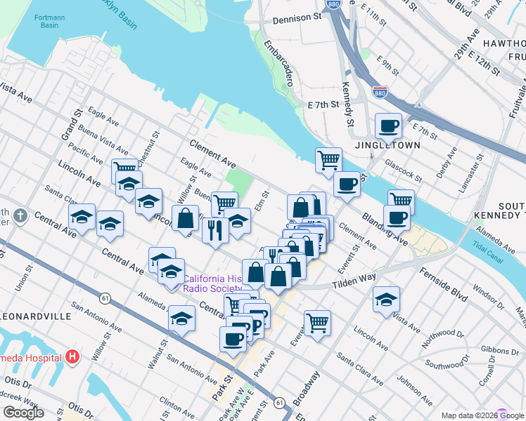 map of restaurants, bars, coffee shops, grocery stores, and more near 1816 Elm Street in Alameda