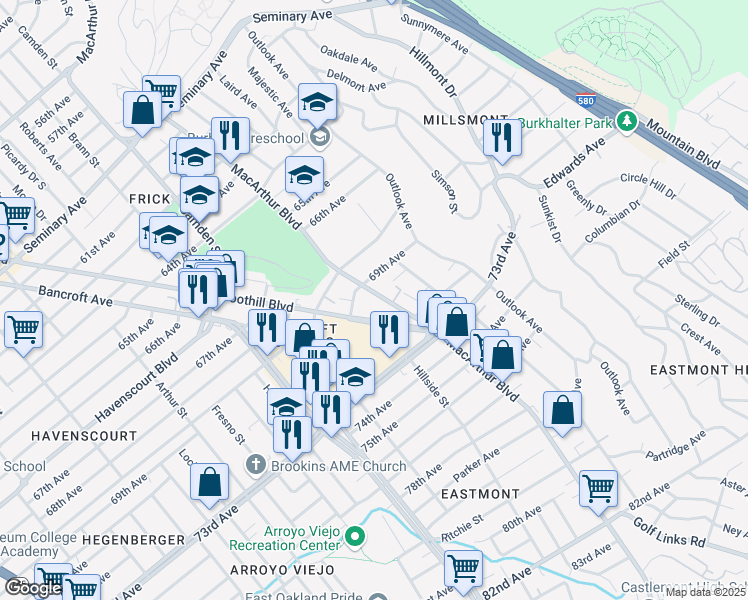 map of restaurants, bars, coffee shops, grocery stores, and more near 6931 MacArthur Boulevard in Oakland
