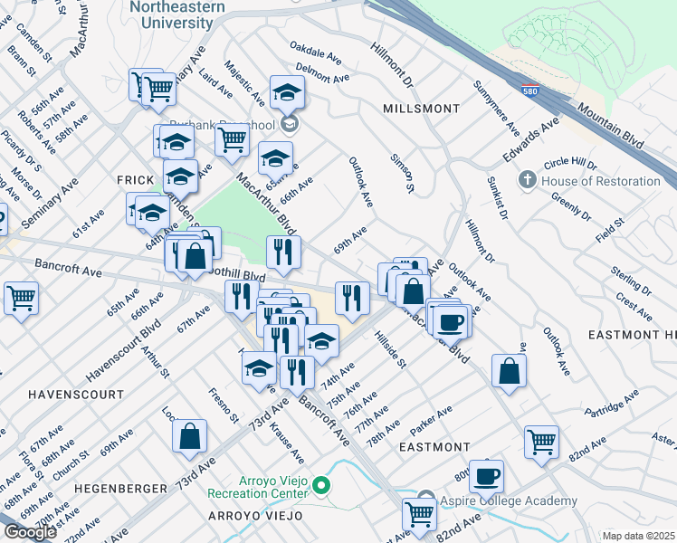 map of restaurants, bars, coffee shops, grocery stores, and more near 6931 MacArthur Boulevard in Oakland