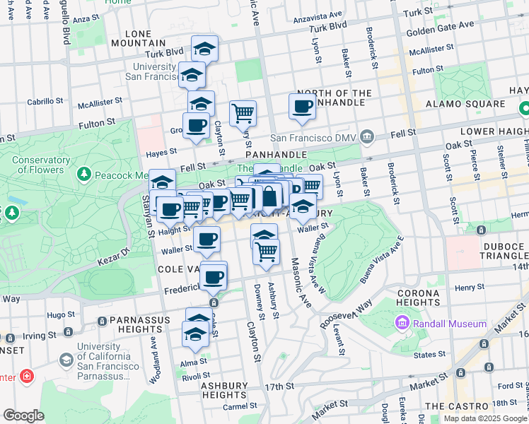 map of restaurants, bars, coffee shops, grocery stores, and more near 1465 Haight Street in San Francisco