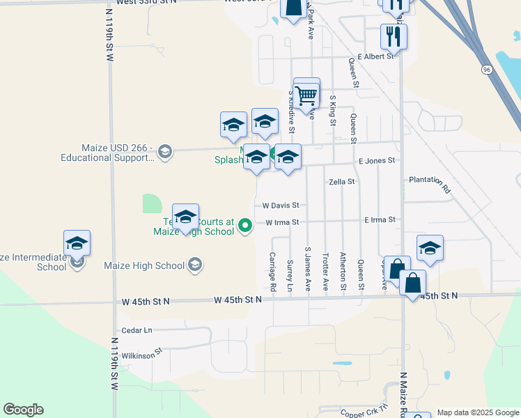 map of restaurants, bars, coffee shops, grocery stores, and more near 420 West Irma Street in Maize