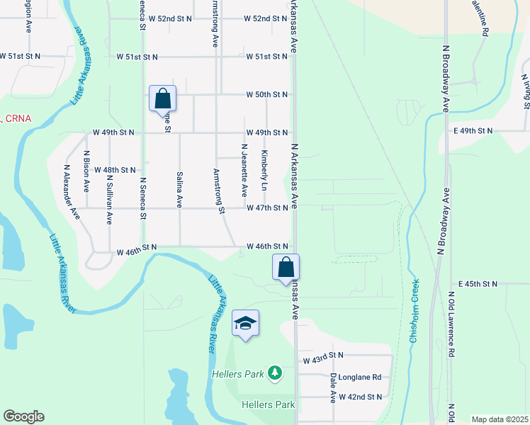 map of restaurants, bars, coffee shops, grocery stores, and more near 749 West 47th Street North in Wichita
