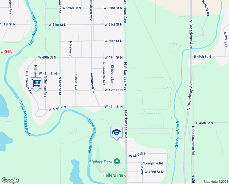 map of restaurants, bars, coffee shops, grocery stores, and more near 749 West 47th Street North in Wichita
