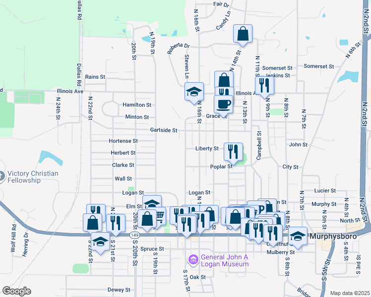 map of restaurants, bars, coffee shops, grocery stores, and more near 1699 Liberty St in Murphysboro
