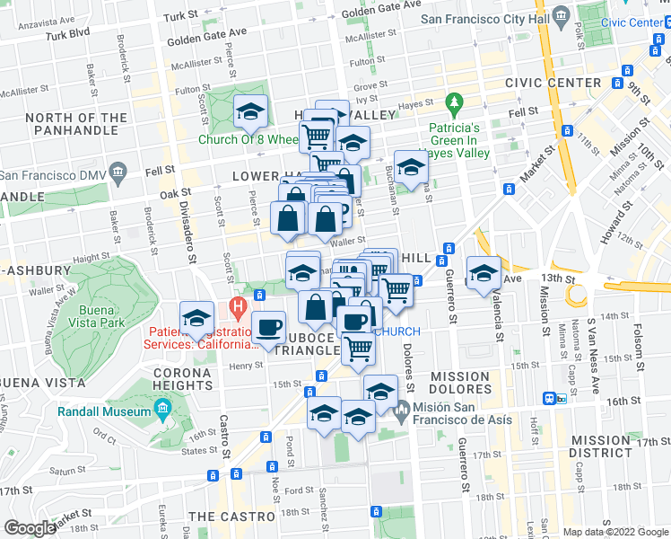 map of restaurants, bars, coffee shops, grocery stores, and more near Fillmore Street & Hermann Street in San Francisco