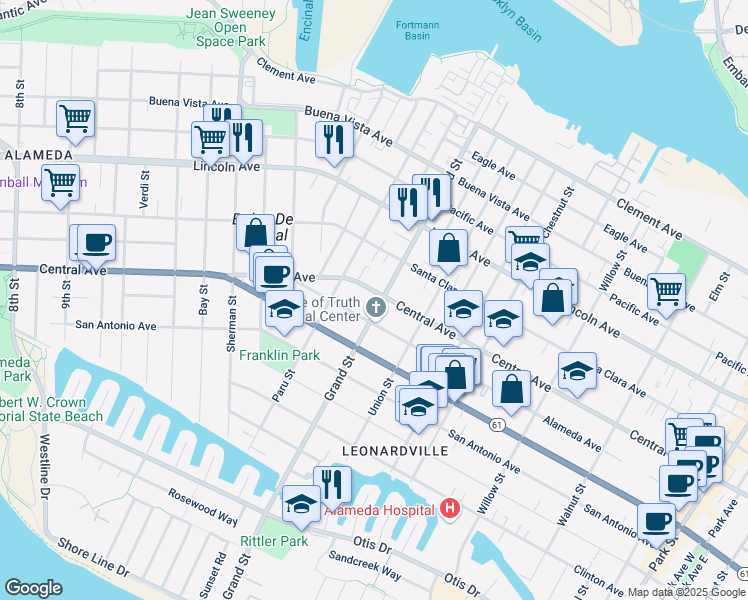 map of restaurants, bars, coffee shops, grocery stores, and more near 1315 Grand Street in Alameda