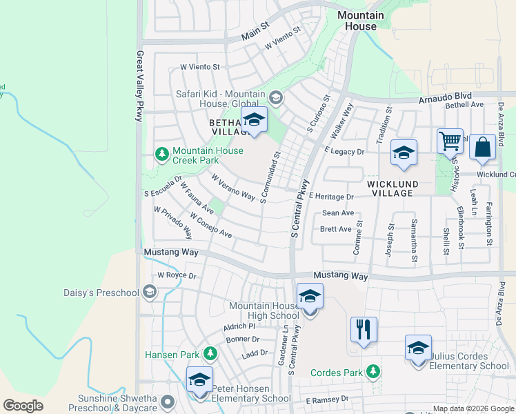 map of restaurants, bars, coffee shops, grocery stores, and more near 665 Comunidad Street in Mountain House