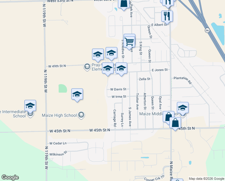 map of restaurants, bars, coffee shops, grocery stores, and more near 414 West Irma Street in Maize