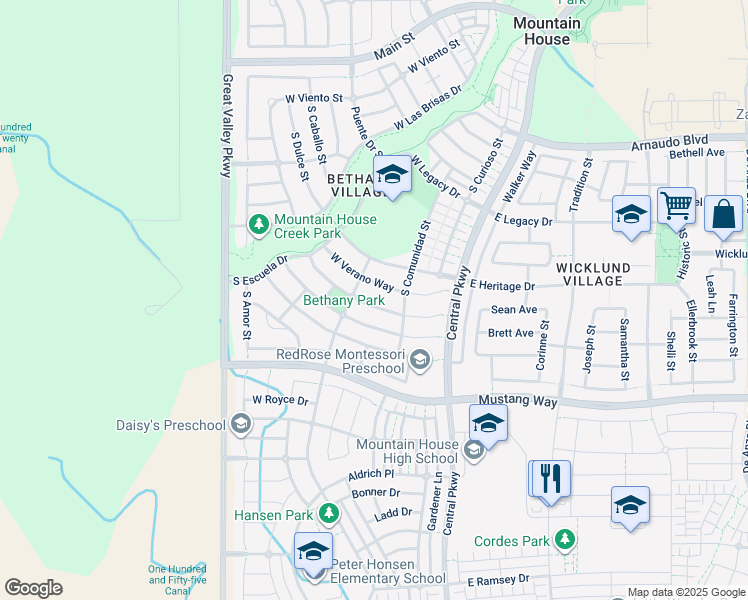 map of restaurants, bars, coffee shops, grocery stores, and more near 315 Recreo Way in Mountain House