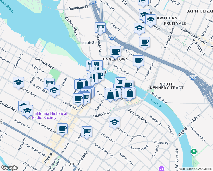 map of restaurants, bars, coffee shops, grocery stores, and more near 2417 Blanding Avenue in Alameda