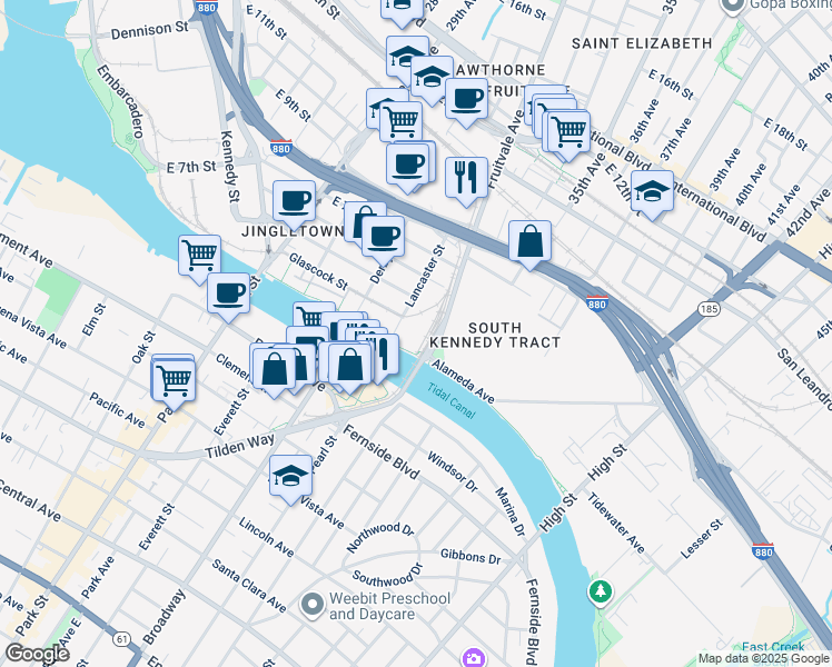 map of restaurants, bars, coffee shops, grocery stores, and more near 300-398 Lancaster Street in Oakland