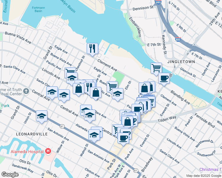 map of restaurants, bars, coffee shops, grocery stores, and more near 2154 Buena Vista Avenue in Alameda