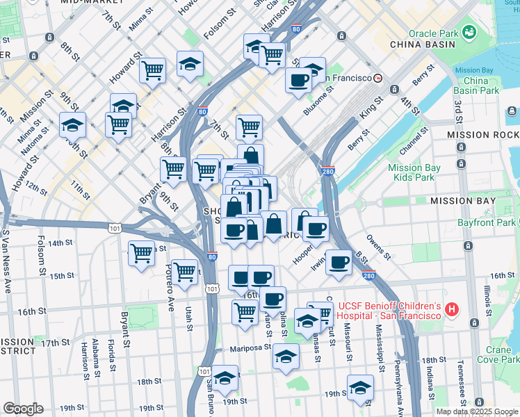 map of restaurants, bars, coffee shops, grocery stores, and more near 670 King St in San Francisco