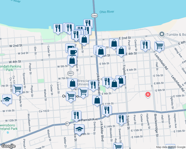 map of restaurants, bars, coffee shops, grocery stores, and more near in Owensboro