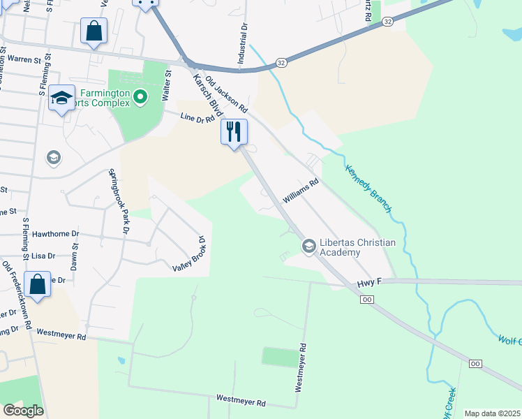 map of restaurants, bars, coffee shops, grocery stores, and more near 1190 Karsch Boulevard in Farmington