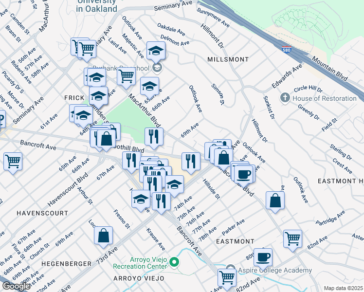 map of restaurants, bars, coffee shops, grocery stores, and more near 6921 MacArthur Boulevard in Oakland