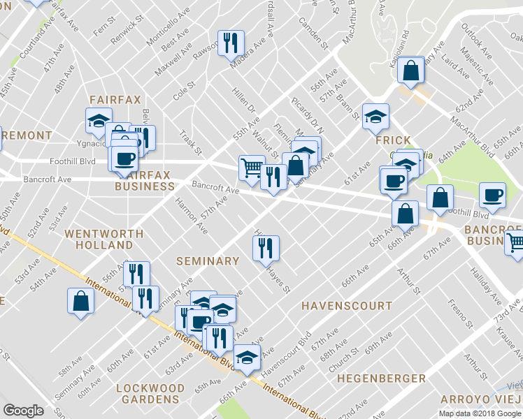 map of restaurants, bars, coffee shops, grocery stores, and more near 5847 Trask Street in Oakland