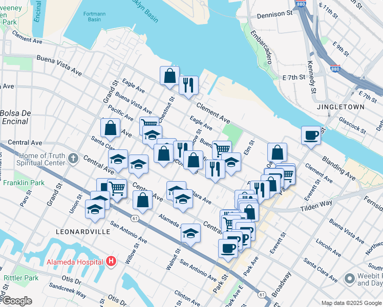 map of restaurants, bars, coffee shops, grocery stores, and more near 2118 Pacific Avenue in Alameda