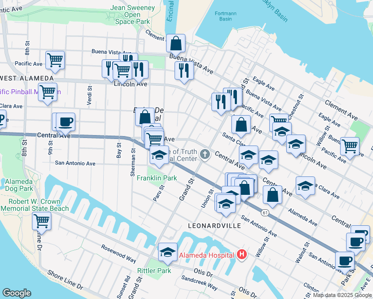 map of restaurants, bars, coffee shops, grocery stores, and more near 1222 Paru Street in Alameda