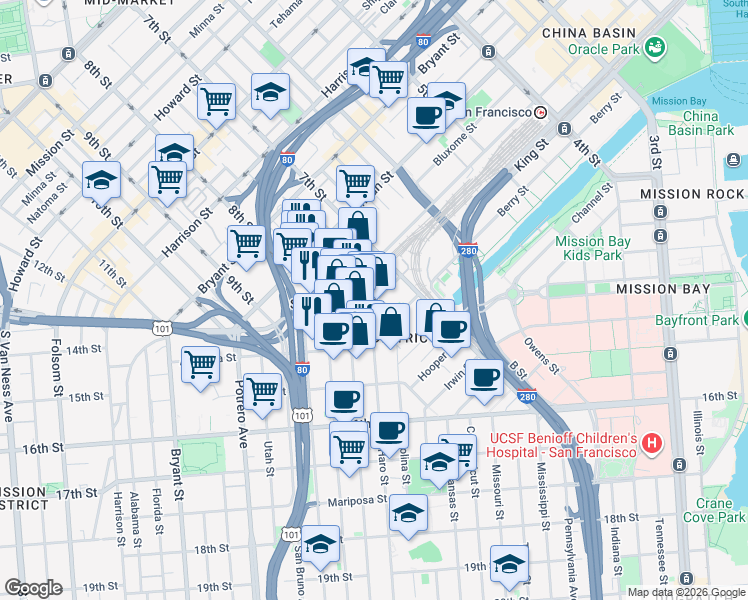 map of restaurants, bars, coffee shops, grocery stores, and more near 1 De Haro Street in San Francisco