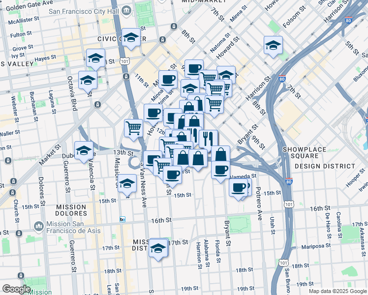 map of restaurants, bars, coffee shops, grocery stores, and more near 396 12th Street in San Francisco